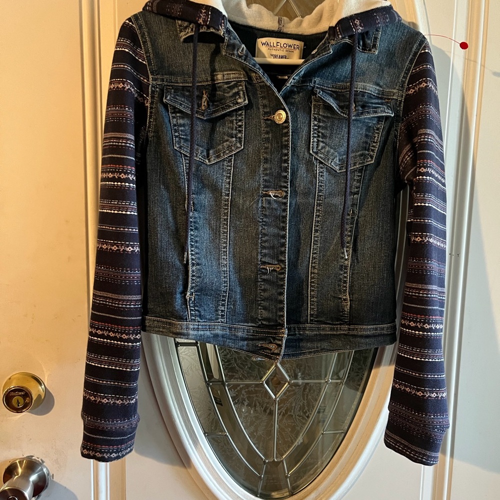 Wallflower Denim Jacket with Navy Patterned Knit Sleeves